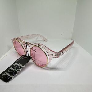 Retro Flip Up Round Sunglasses Pink Lens Pink Frame UV Protection